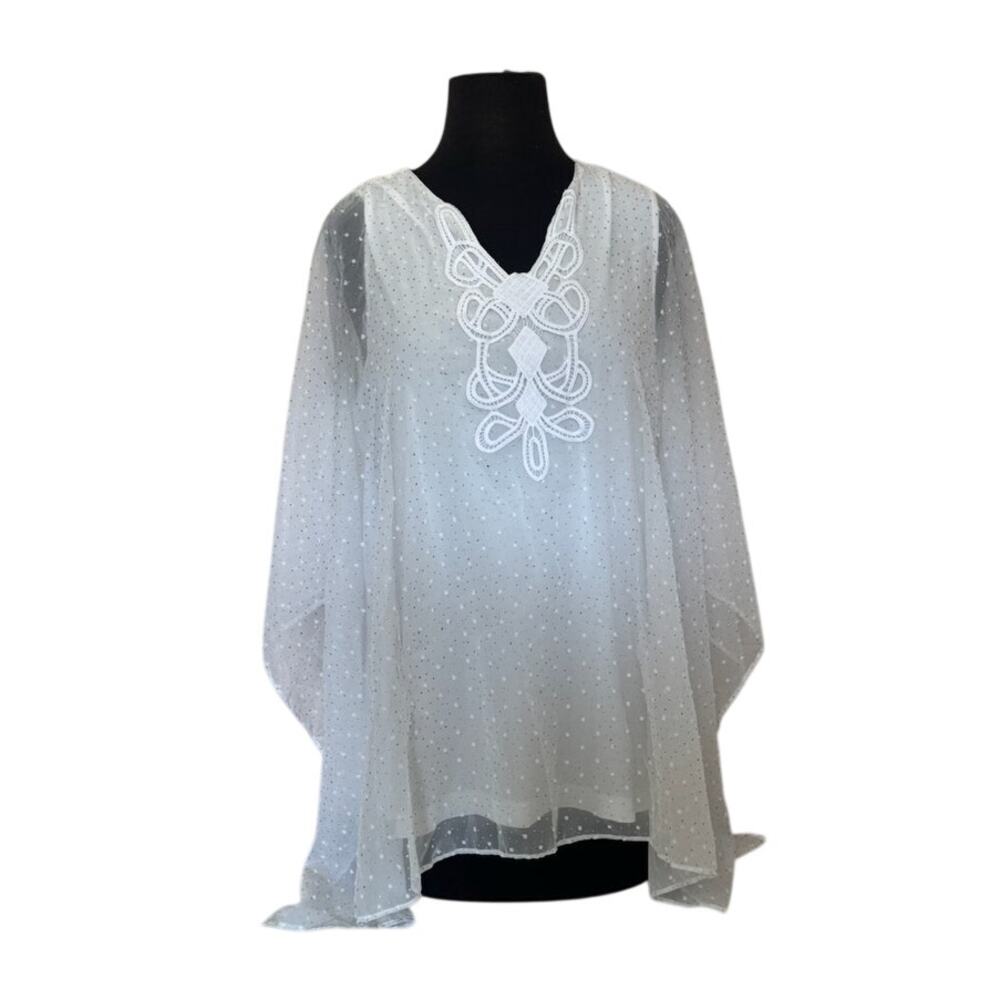Peck & Peck White w/ Gold Dots Sheer Flutter Sleeve Top - L